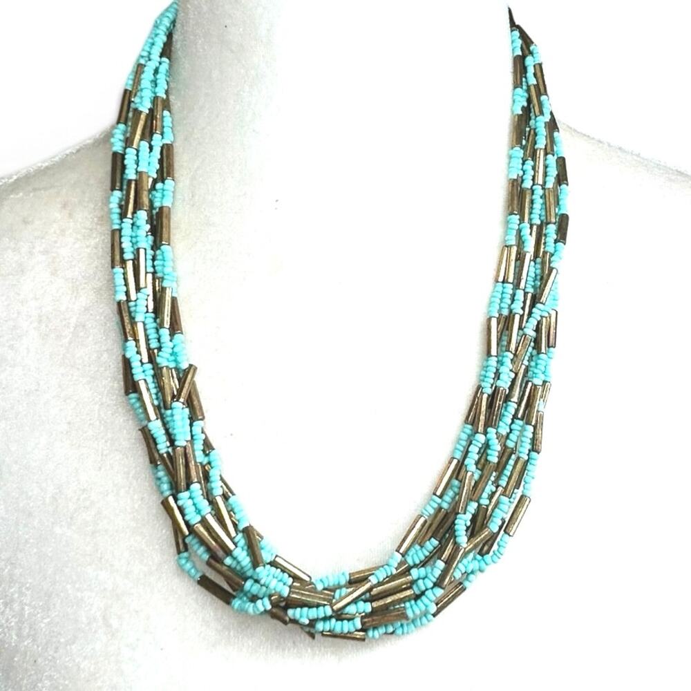 Chunky Multistrand 12 Strands Seed Beaded Necklace Turquoise Blue and Gold Tones